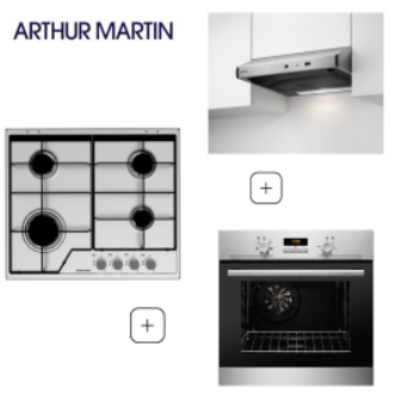 PACK ÉQUIPEMENT ARTHUR MARTIN HOTTE (AHT6125X) + TABLE DE CUISSON (AGS6424SX) + FOUR (AZB2400AOX)