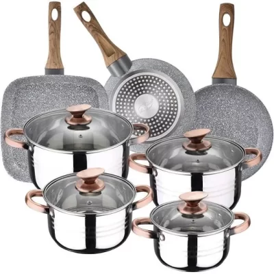 Batterie de cuisine 8 pièces SAN IGNACIO Premium Nona, acier inoxydable, avec set poêles (18-22 cm) et grill 28 x 28 cm